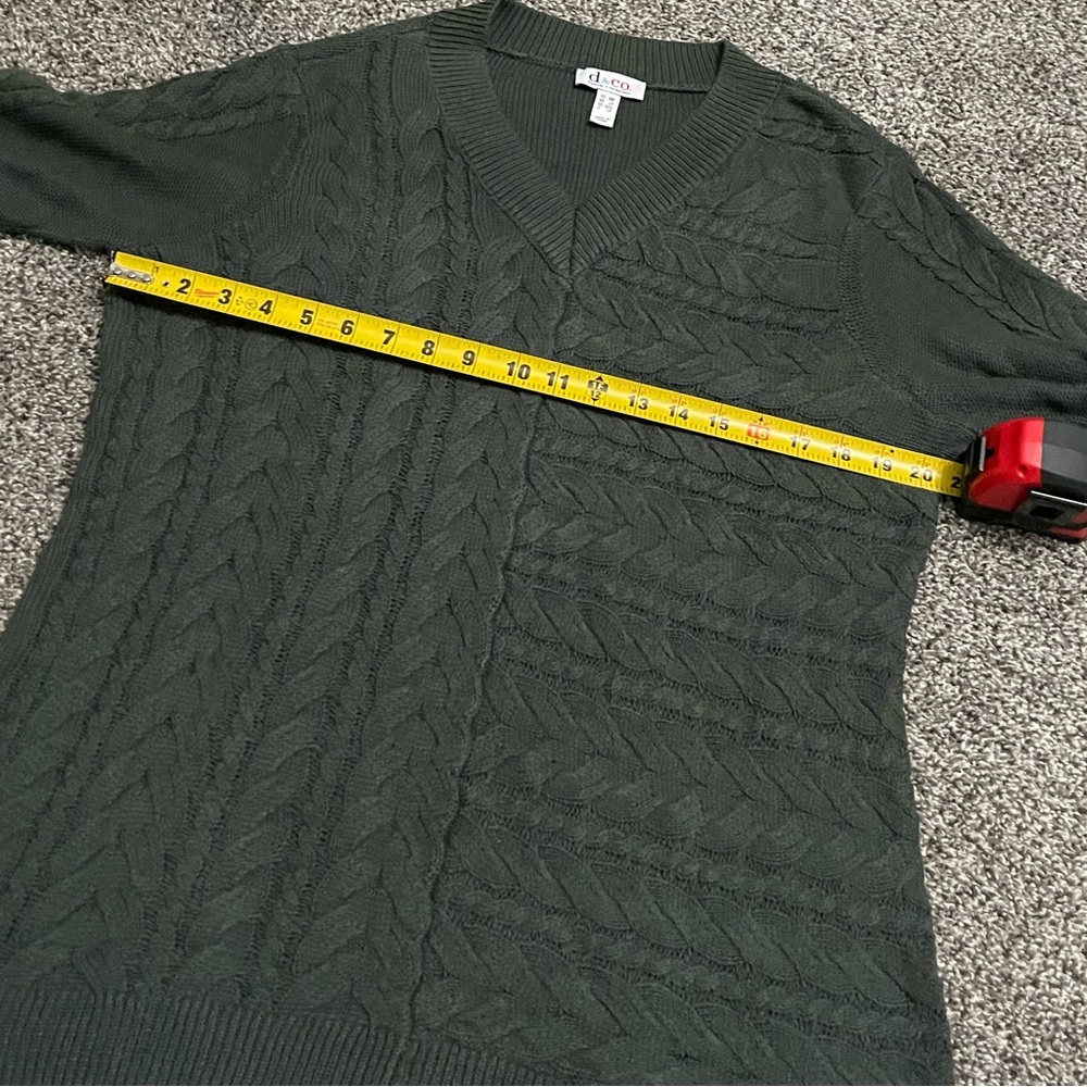 New Denim & Co Green Cable Knit Long Sleeve V neck Sweater MP - Picture 8 of 13